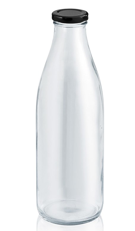 Γυάλινο στρογγυλό μπουκάλι γάλακτος 8.5x 26.5 cm με βιδωτό ασημί μεταλλικό καπάκι