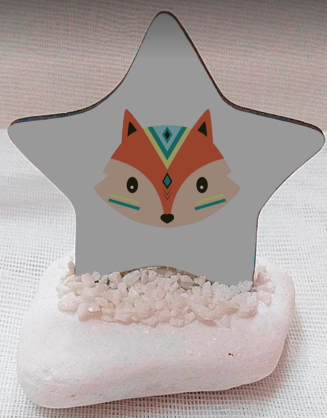 αστεράκι ξύλινο τυπωμένο σε πέτρα με ζωάκι αλεπού μπομπονιέρα βάπτισης τιμή 1.85€