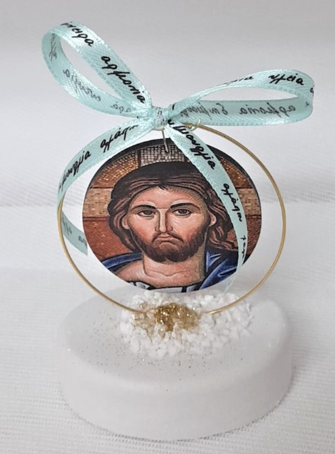 Εικόνα χριστός ξύλινη τυπωμένη Σε Βότσαλο και κύκλο Μπομπονιέρα Βάπτισης-Γάμου Τιμή 1.95€