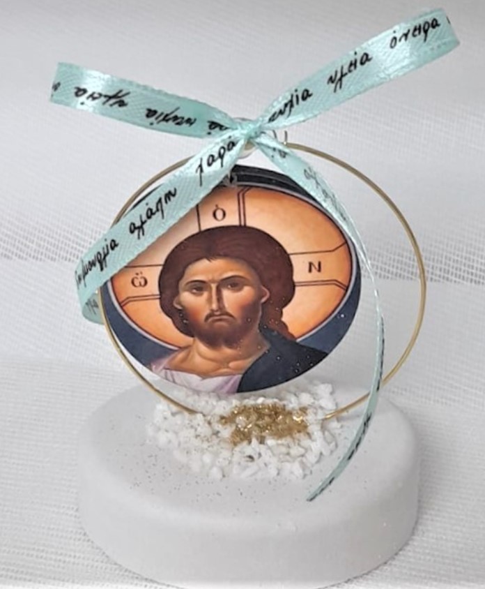 Εικόνα χριστός ξύλινη τυπωμένη Σε Βότσαλο και κύκλο Μπομπονιέρα Βάπτισης-Γάμου Τιμή 2.15€