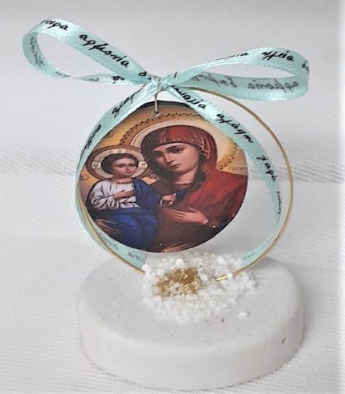 Εικόνα Παναγία ξύλινη τυπωμένη Σε Βότσαλο και κύκλο Μπομπονιέρα Βάπτισης-Γάμου Τιμή 2.15€